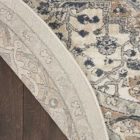 8' Ivory And Grey Round Oriental Power Loom Non Skid Area Rug