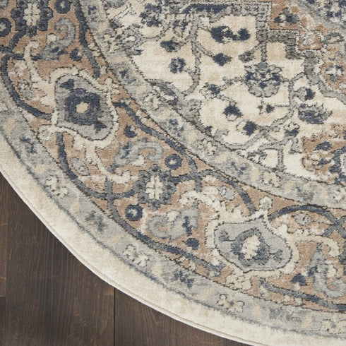8' Ivory And Grey Round Oriental Power Loom Non Skid Area Rug