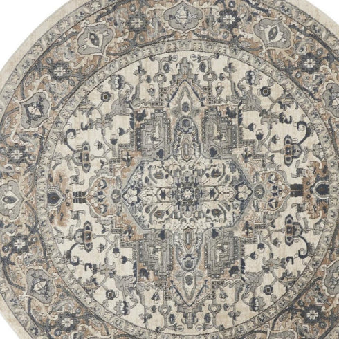 8' Ivory And Grey Round Oriental Power Loom Non Skid Area Rug