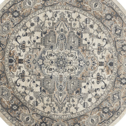8' Ivory And Grey Round Oriental Power Loom Non Skid Area Rug
