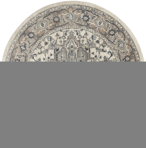 8' Ivory And Grey Round Oriental Power Loom Non Skid Area Rug