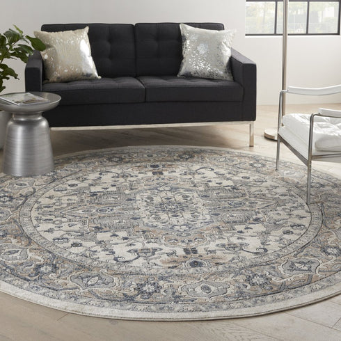 8' Ivory And Grey Round Oriental Power Loom Non Skid Area Rug