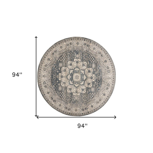 8' Grey And Ivory Round Oriental Power Loom Non Skid Area Rug