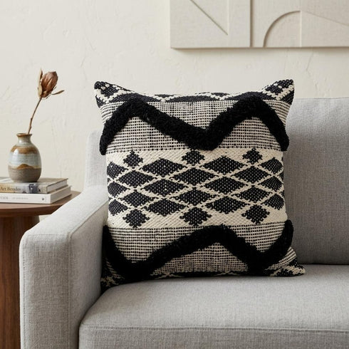 20" X 20" Black and White Chevron Textural Cotton Blend Throw Pillow