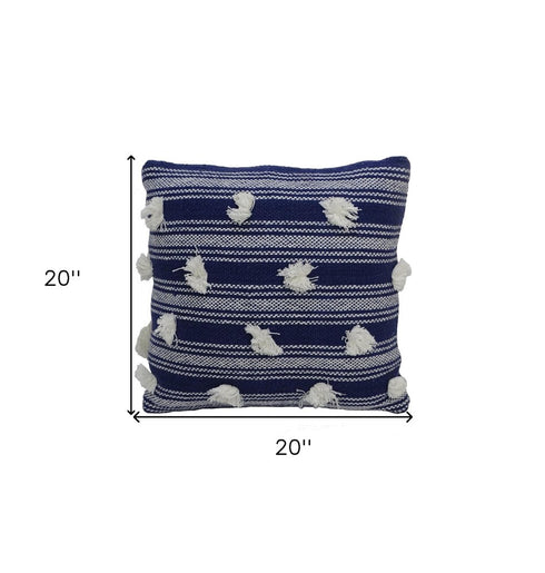 20" X 20" Navy and White Striped Textural Throw Pillow With Pom Poms