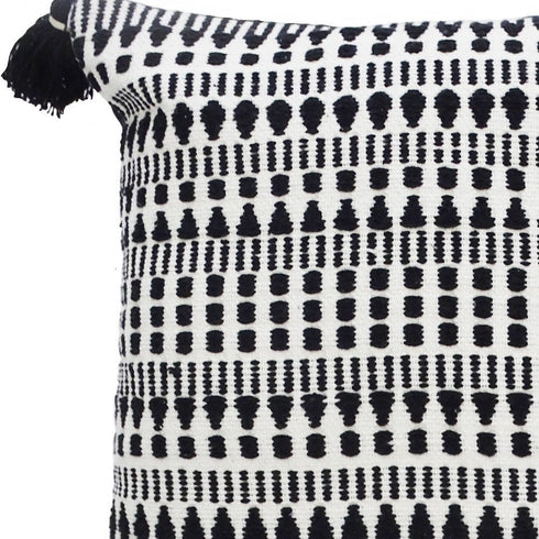 22" Black and White Southwestern Cotton Blend Throw Pillow With Tassels