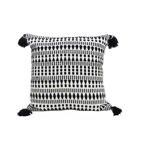 22" Black and White Southwestern Cotton Blend Throw Pillow With Tassels