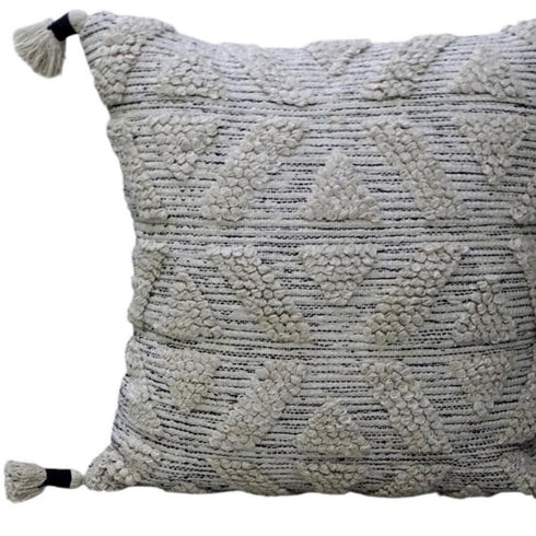22" X 22" Off White Geometric Zippered Handmade Cotton Blend Throw Pillow With Tassels