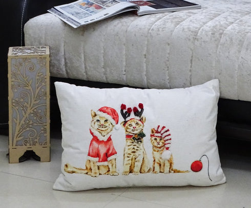 14" X 20" White And Red Cat Zippered Cotton Blend Christmas Throw Pillow