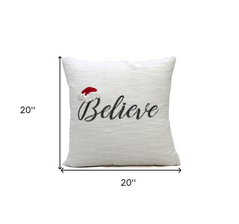 20" X 20" White Cotton Blend Believe Christmas Throw Pillow