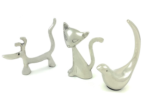 Set of Three Silver Metal Bird, Cat, Dog Tabletop Sculpture