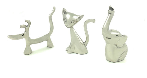 Set of Three Silver Metal Cat, Dog, Elephant Tabletop Sculpture