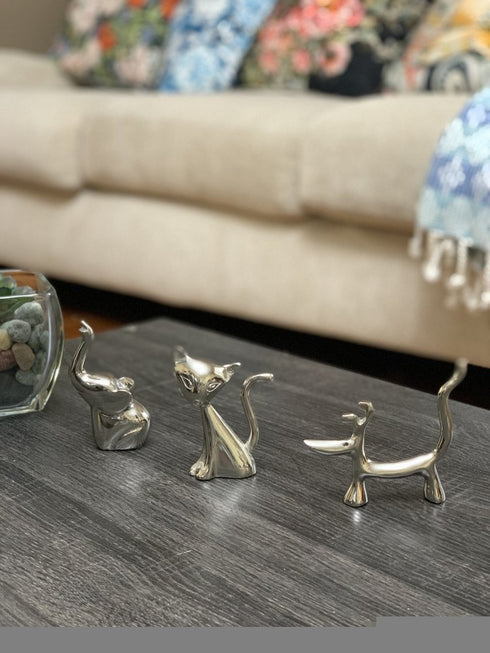 Set of Three Silver Metal Cat, Dog, Elephant Tabletop Sculpture