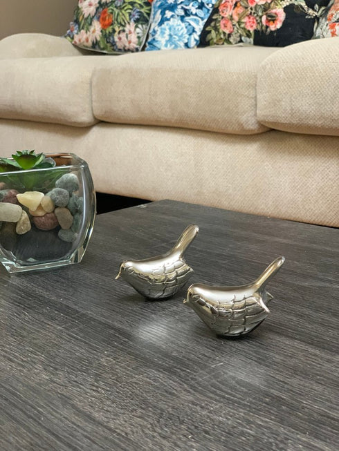 Set of Two Silver Metal Bird Tabletop Sculpture