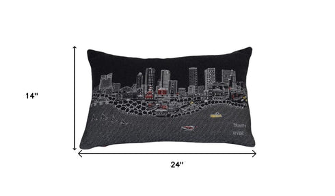 14" X 24" Black And White Fort Worth Nighttime Skyline Lumbar Decorative Pillow