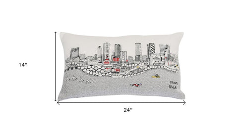 14" X 24" Black And White Fort Worth Nighttime Skyline Lumbar Decorative Pillow