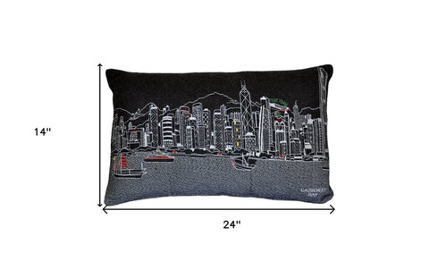 14" X 24" Cream Hong Kong Daylight Skyline Lumbar Decorative Pillow