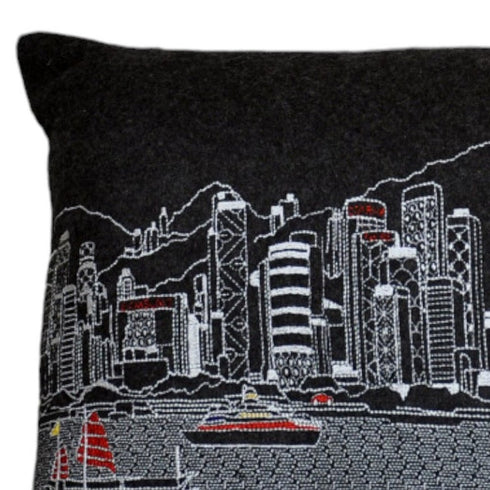 14" X 24" Cream Hong Kong Daylight Skyline Lumbar Decorative Pillow