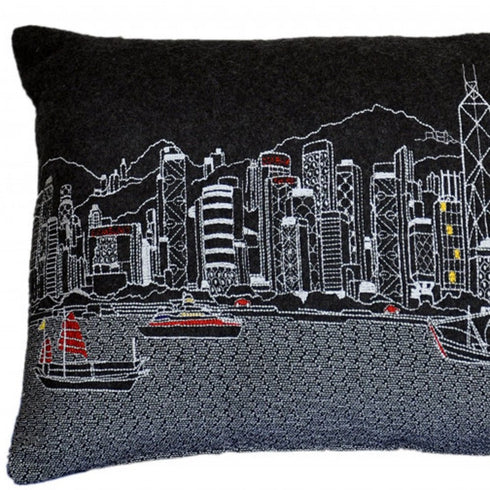 14" X 24" Cream Hong Kong Daylight Skyline Lumbar Decorative Pillow