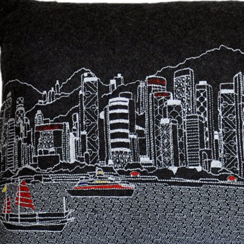 14" X 24" Cream Hong Kong Daylight Skyline Lumbar Decorative Pillow