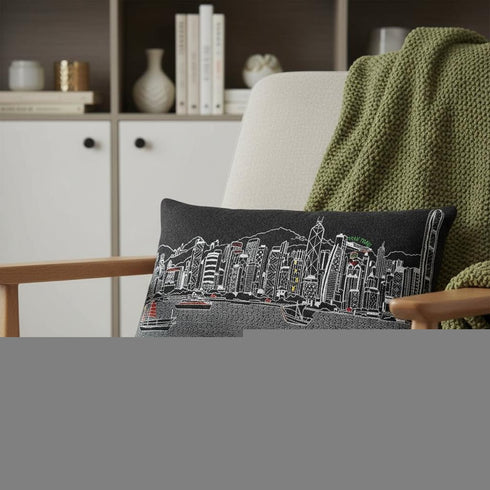 14" X 24" Cream Hong Kong Daylight Skyline Lumbar Decorative Pillow