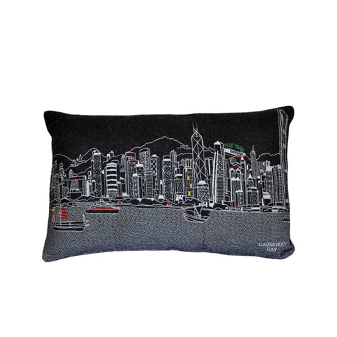 14" X 24" Cream Hong Kong Daylight Skyline Lumbar Decorative Pillow