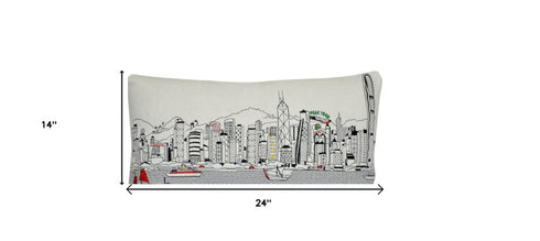14" X 24" Cream Hong Kong Daylight Skyline Lumbar Decorative Pillow