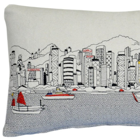 14" X 24" Cream Hong Kong Daylight Skyline Lumbar Decorative Pillow