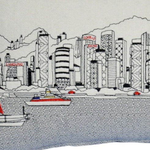 14" X 24" Cream Hong Kong Daylight Skyline Lumbar Decorative Pillow