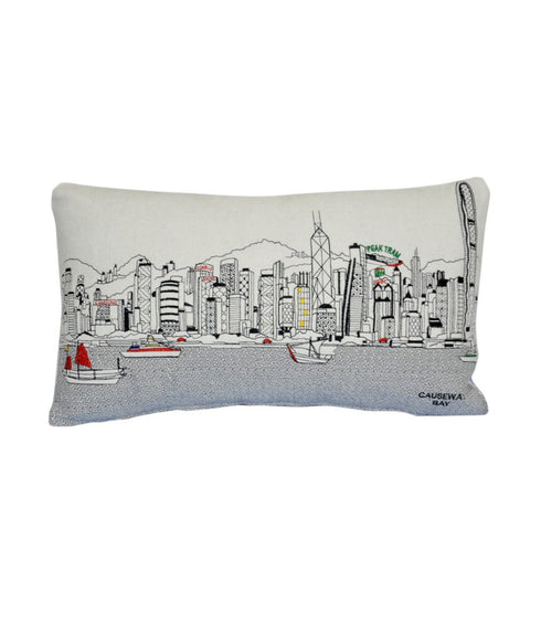 14" X 24" Cream Hong Kong Daylight Skyline Lumbar Decorative Pillow