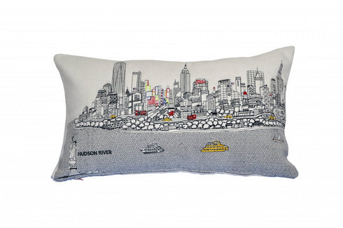 14" X 24" Dark Gray And White NYC Nighttime Skyline Lumbar Decorative Pillow
