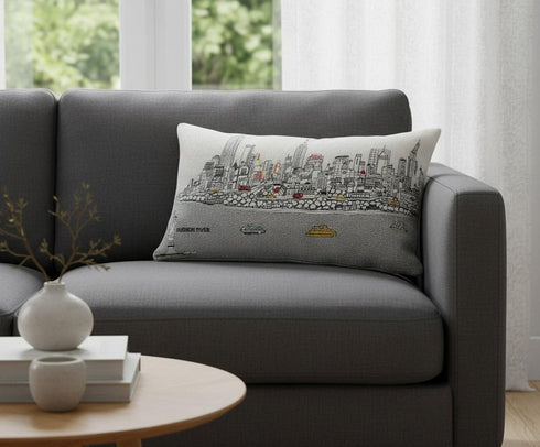 14" X 24" Dark Gray And White NYC Nighttime Skyline Lumbar Decorative Pillow