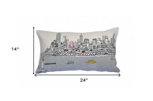 14" X 24" Dark Gray And White NYC Nighttime Skyline Lumbar Decorative Pillow