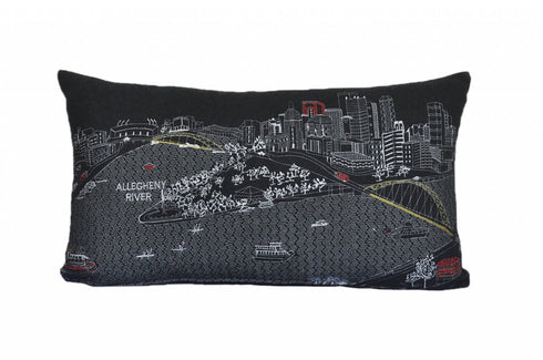 14" X 24" Dark Gray And White Pittsburgh Nighttime Skyline Lumbar Decorative Pillow