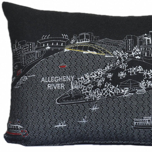 14" X 24" Dark Gray And White Pittsburgh Nighttime Skyline Lumbar Decorative Pillow