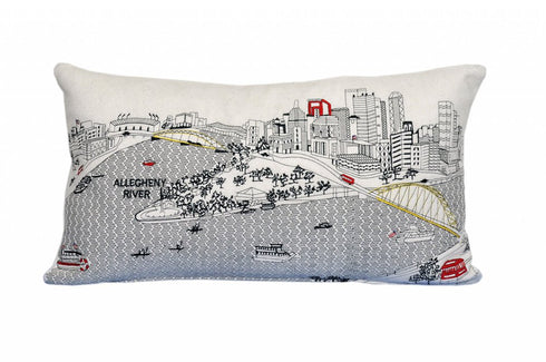 14" X 24" Dark Gray And White Pittsburgh Nighttime Skyline Lumbar Decorative Pillow