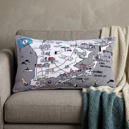 14" X 25" Dark Gray And White Lumbar Jersey Shore Nighttime Skyline Lumbar Decorative Pillow