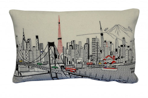14" X 24" Dark Gray And White Tokyo Nighttime Skyline Lumbar Decorative Pillow