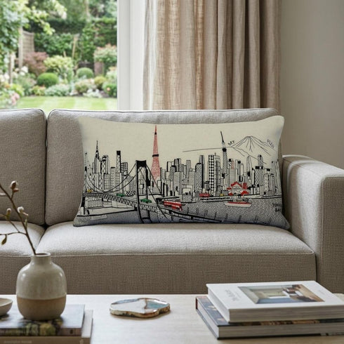 14" X 24" Dark Gray And White Tokyo Nighttime Skyline Lumbar Decorative Pillow
