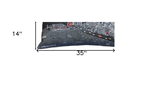 14" X 35" Dark Gray And White Chicago Nighttime Skyline Lumbar Decorative Pillow