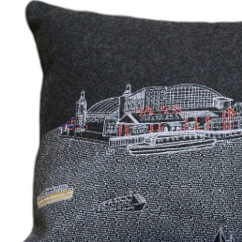 14" X 35" Dark Gray And White Chicago Nighttime Skyline Lumbar Decorative Pillow
