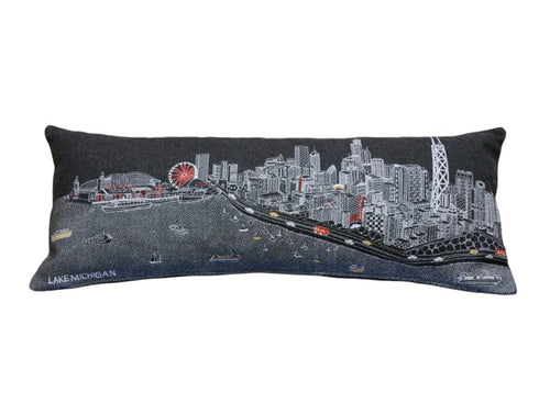 14" X 35" Dark Gray And White Chicago Nighttime Skyline Lumbar Decorative Pillow