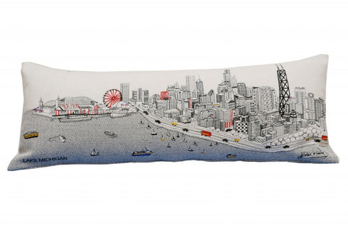 14" X 35" Dark Gray And White Chicago Nighttime Skyline Lumbar Decorative Pillow