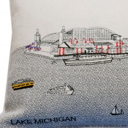 14" X 35" Dark Gray And White Chicago Nighttime Skyline Lumbar Decorative Pillow
