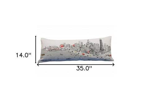 14" X 35" Dark Gray And White Chicago Nighttime Skyline Lumbar Decorative Pillow