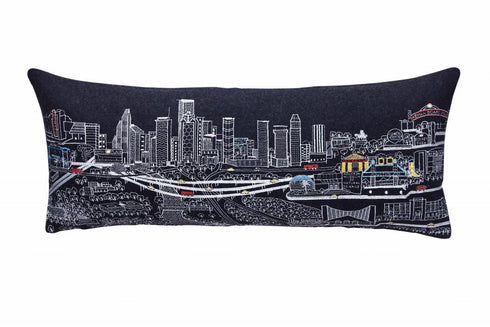 14" X 35" Dark Gray And White Houston Nighttime Skyline Lumbar Decorative Pillow