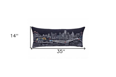 14" X 35" Dark Gray And White Houston Nighttime Skyline Lumbar Decorative Pillow