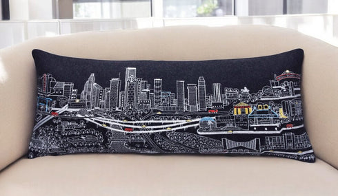 14" X 35" Dark Gray And White Houston Nighttime Skyline Lumbar Decorative Pillow