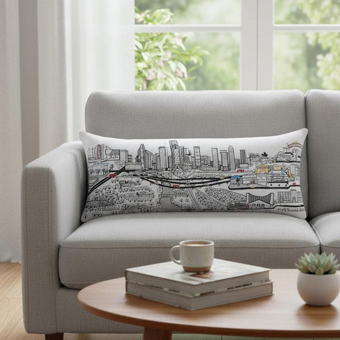 14" X 35" Dark Gray And White Houston Nighttime Skyline Lumbar Decorative Pillow