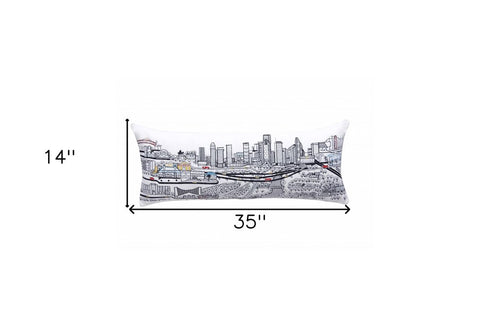 14" X 35" Dark Gray And White Houston Nighttime Skyline Lumbar Decorative Pillow
